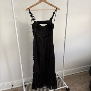 Mable Amable Enchanted Floating Floral Appliqué Corset Black Midi Dress